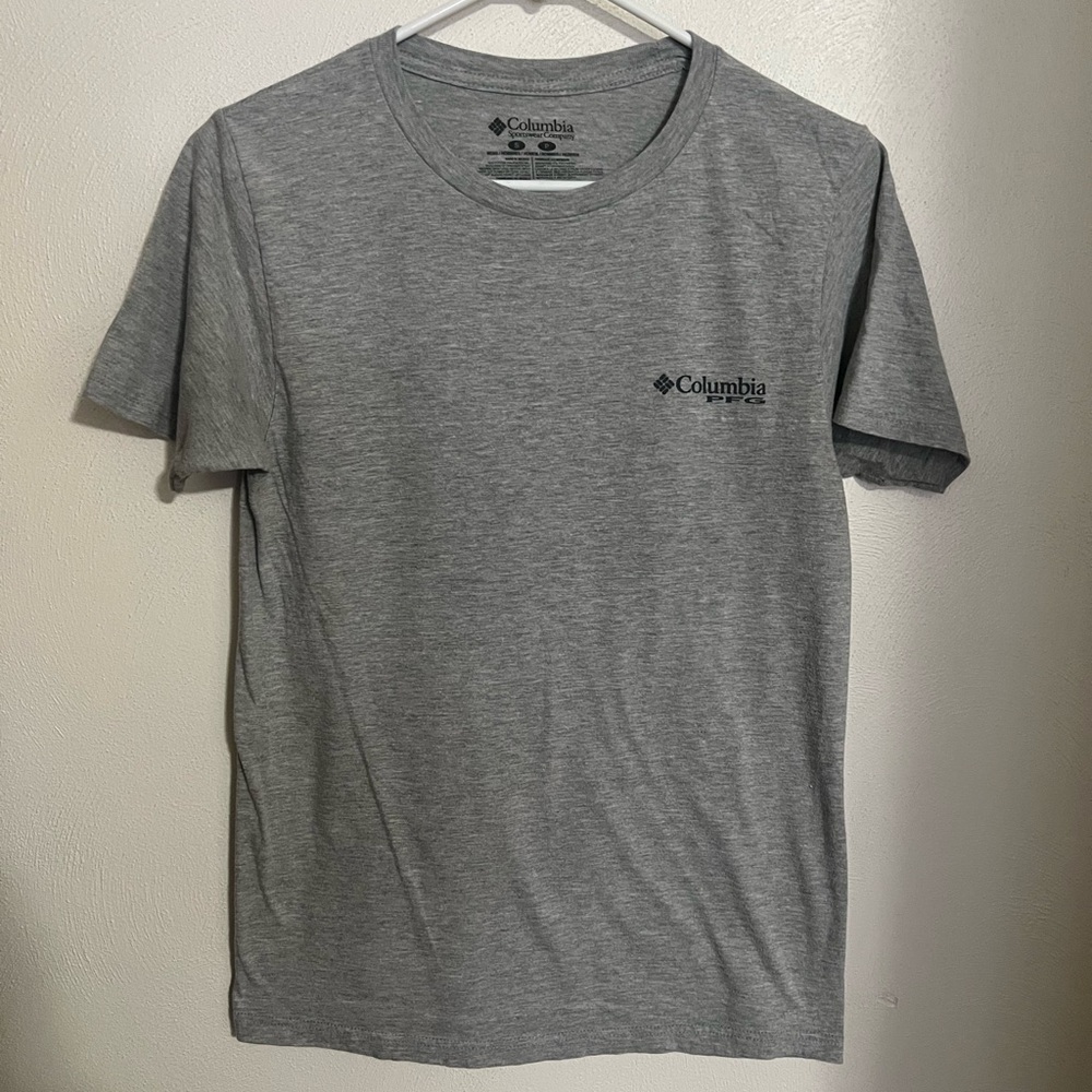 COLUMBIA SPORTSWEAR Classic PFG Logo T Shirt Grey Navy Blue Men's Size S GUC